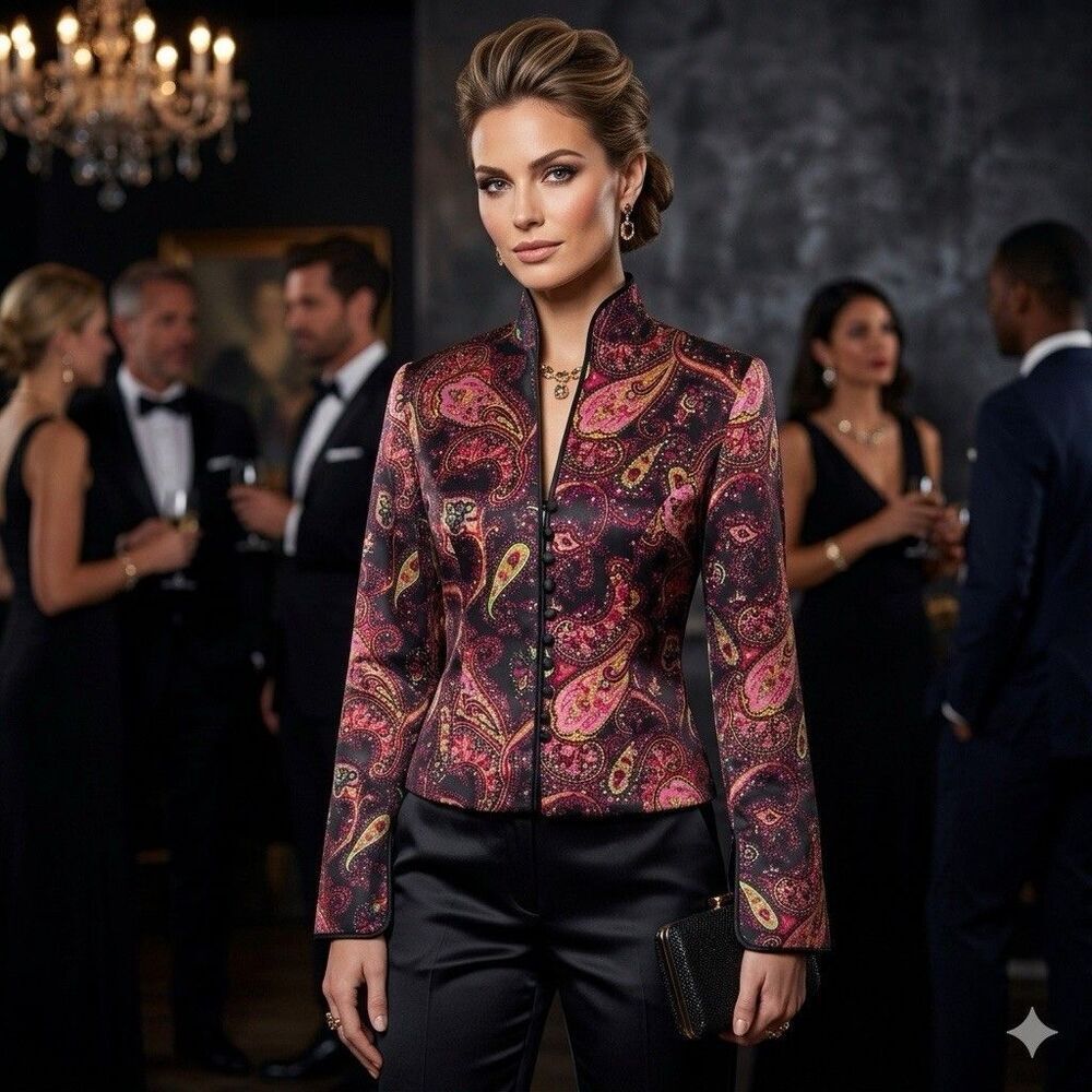JS Collection Beaded Paisley Silk Jacket with Mandarin Collar